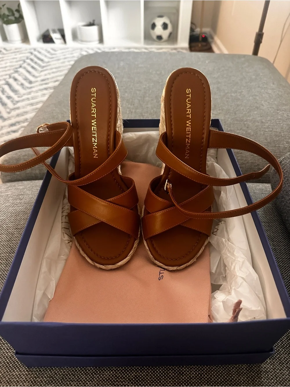 Stuart Weitzman Tan Leather Crisscross Wedge Sandals